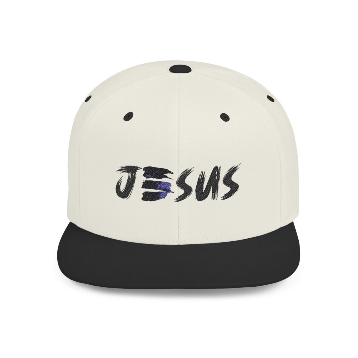 Jesus Flat Bill Hat with embroidered lettering and flat brim