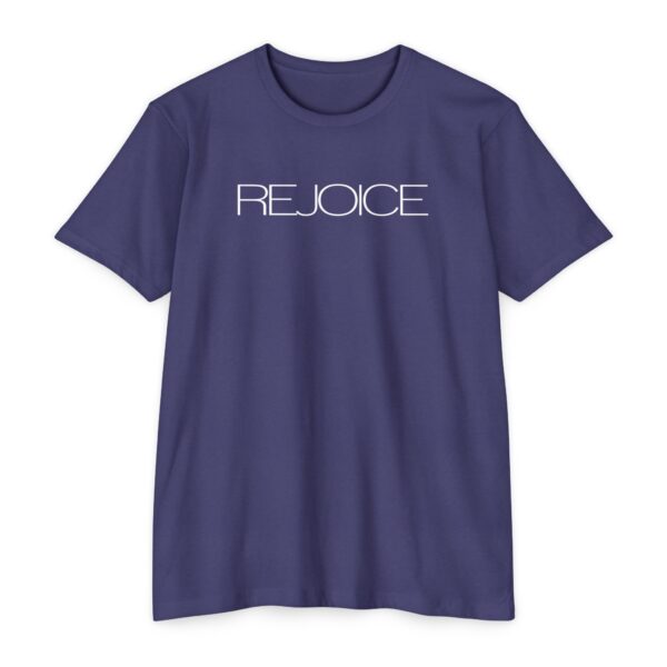 Rejoice Tee with Christian message celebrating joy and faith in Jesus Christ