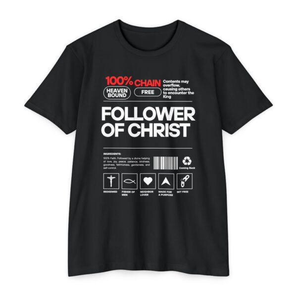 Follower of Christ Tee with modern label-style Christian design