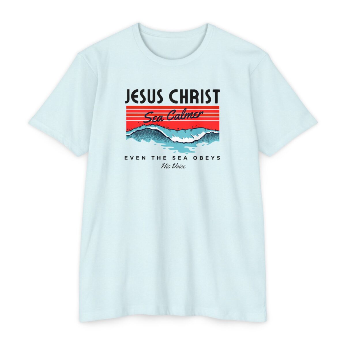 Sea Calmer Tee featuring ocean wave design symbolizing Jesus calming the storm