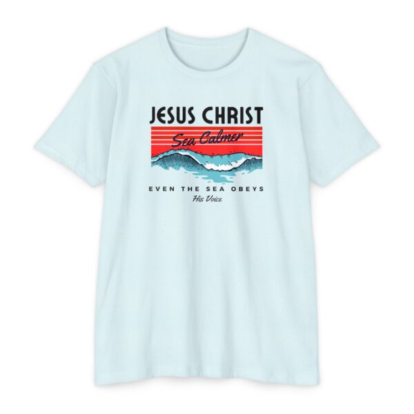 Sea Calmer Tee featuring ocean wave design symbolizing Jesus calming the storm