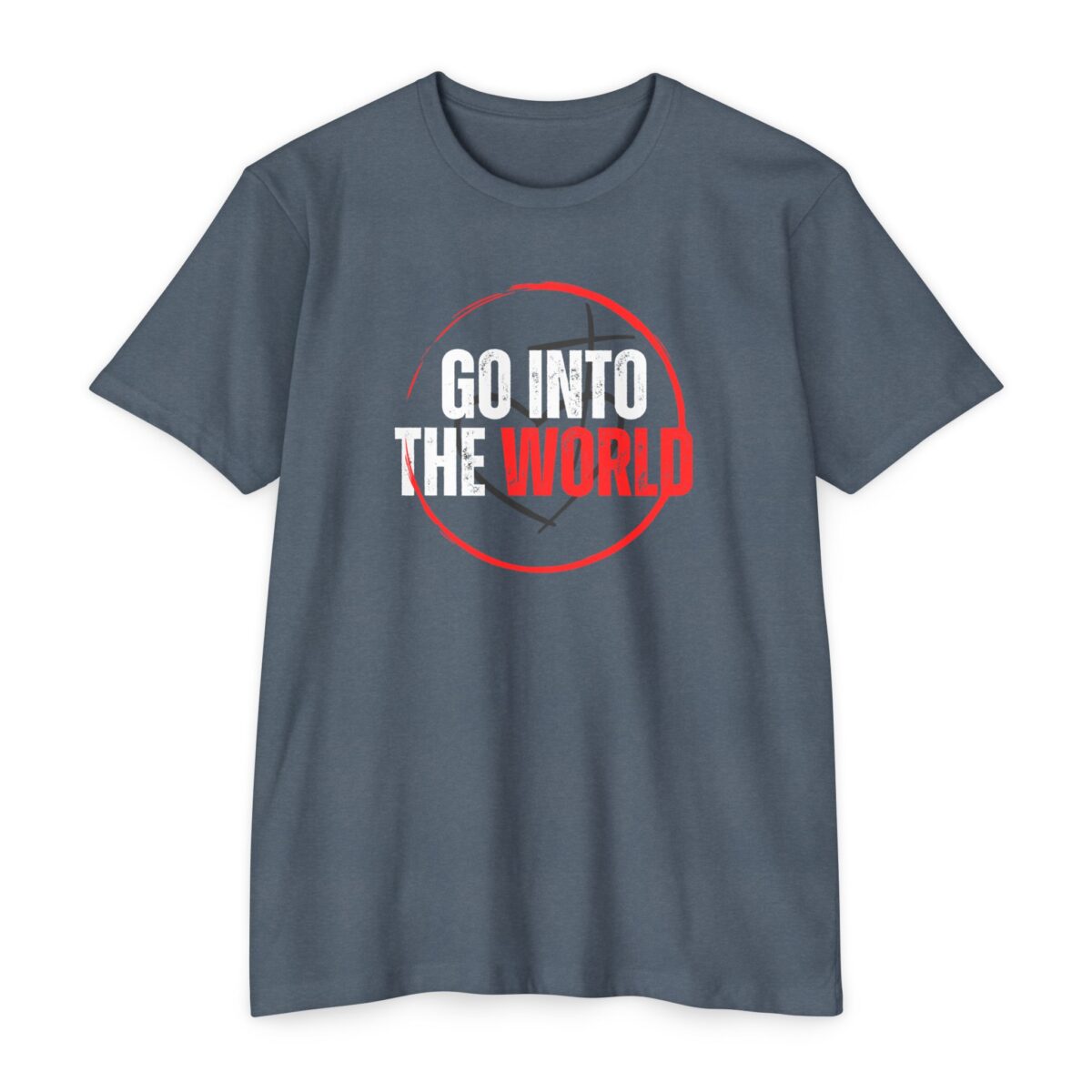 Go Into the World Tee with Christian missionary design featuring heart and cross