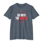 Go Into the World Tee with Christian missionary design featuring heart and cross