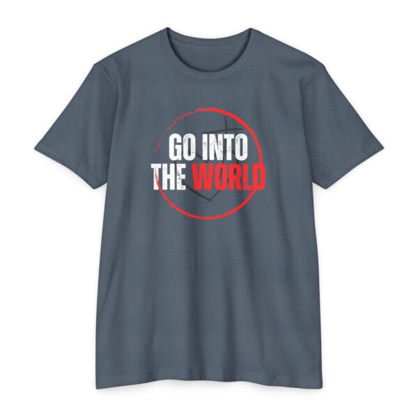 Go Into the World Tee with Christian missionary design featuring heart and cross