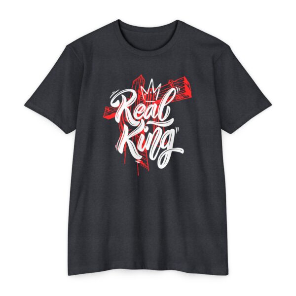 Real King Tee with Christian design featuring a sketched cross and modern faith message