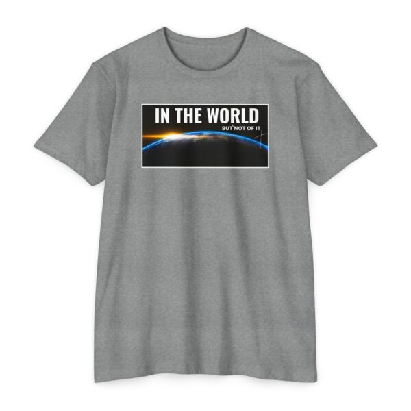 In the World but Not of It Tee with Christian space design featuring Earth
