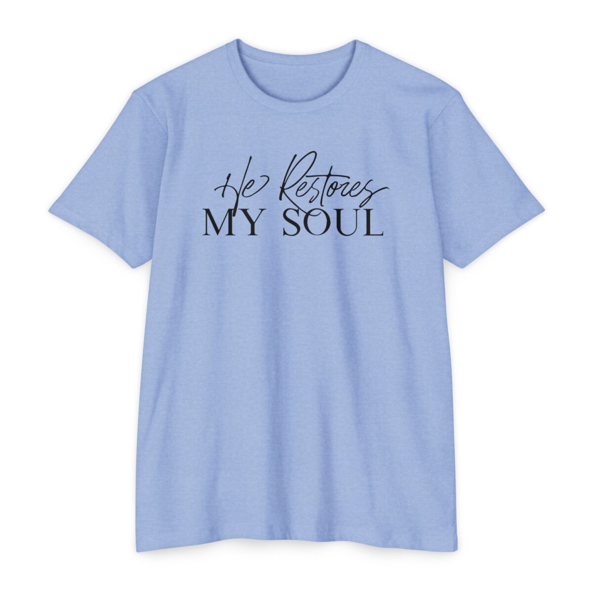 He Restores My Soul Tee with Christian message inspired by Psalm 23:3