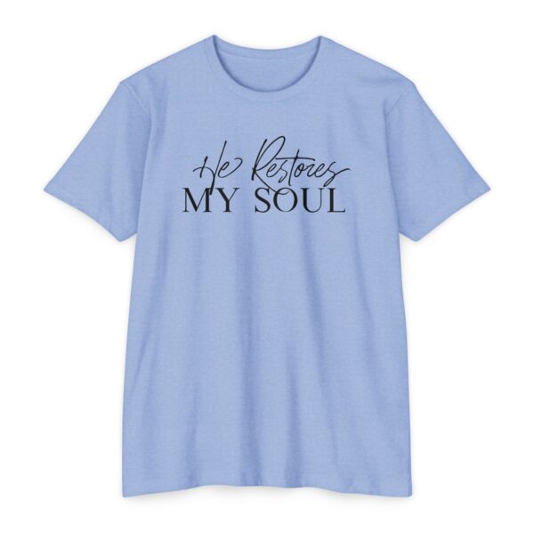 He Restores My Soul Tee with Christian message inspired by Psalm 23:3