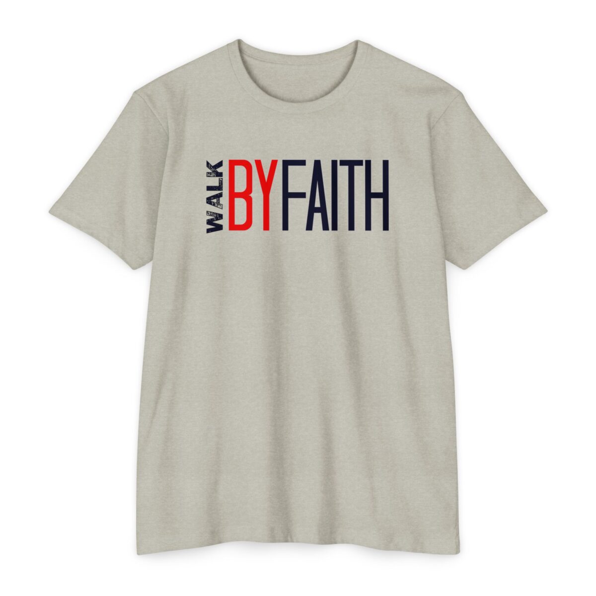 Walk By Faith Tee with Christian message inspired by 2 Corinthians 5:7
