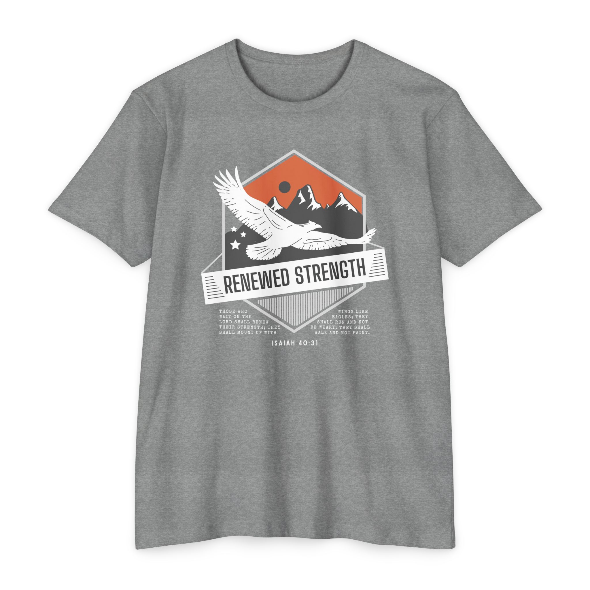 Renewed Strength Tee Shop Christian Apparel & Accessories Renewed Strength Tee with Christian message inspired by Isaiah 40:31 and eagle wings design