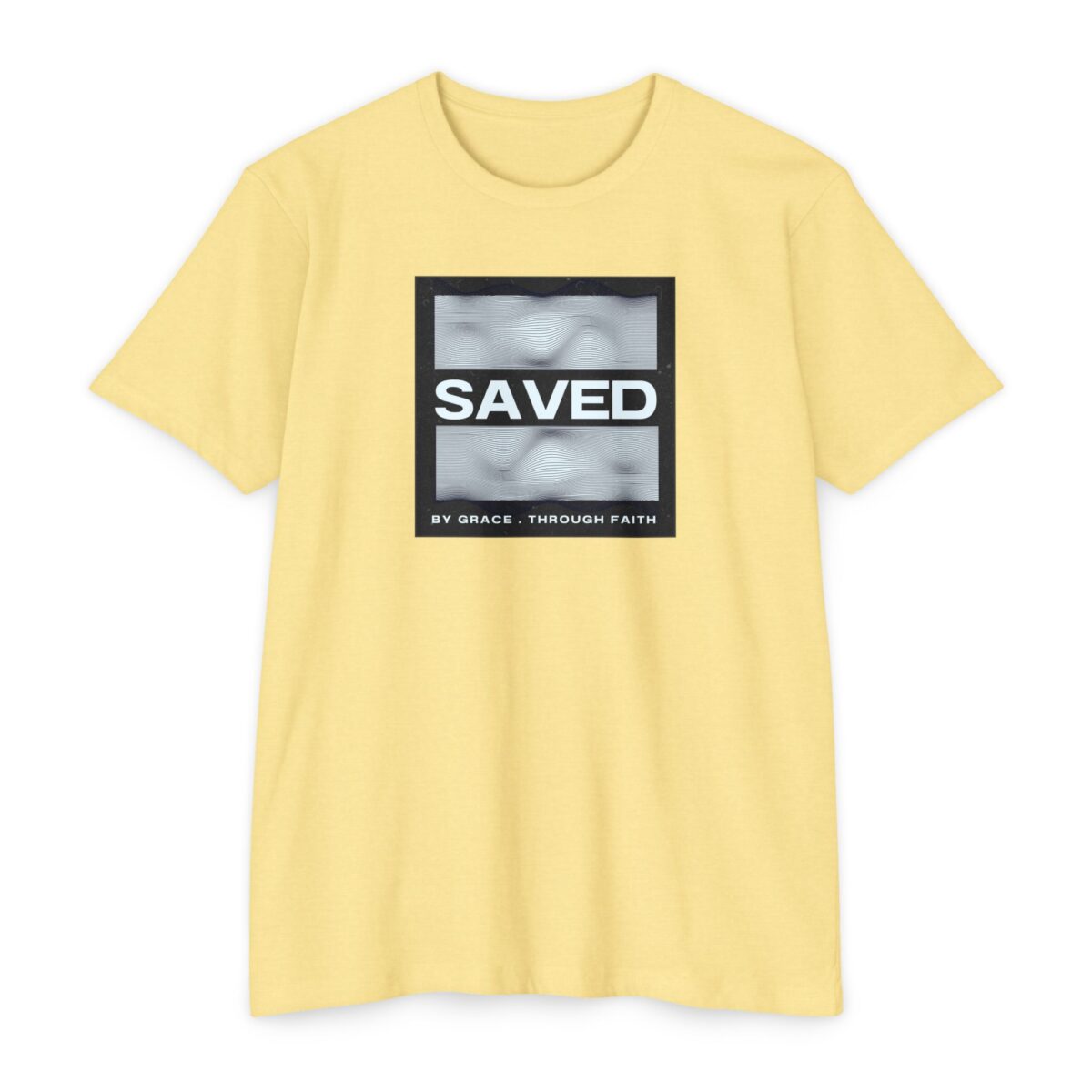 Saved Tee with modern boxed Christian design stating saved by grace through faith
