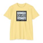 Saved Tee with modern boxed Christian design stating saved by grace through faith