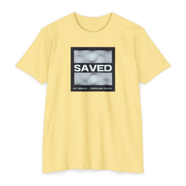 Saved Tee with modern boxed Christian design stating saved by grace through faith
