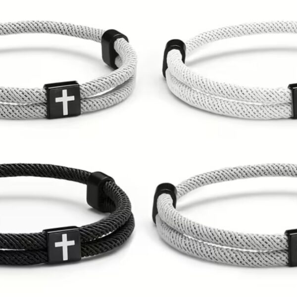 Corded Cross Bracelets with metal cross pendant, adjustable, in white, black, and grey