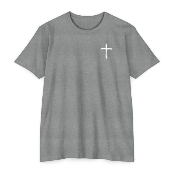 Simple Cross Tee with minimalist left-chest cross design for Christian apparel