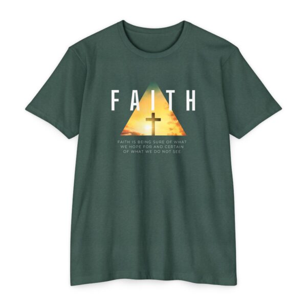 Faith Is Tee with bold Christian design celebrating trust and active faith