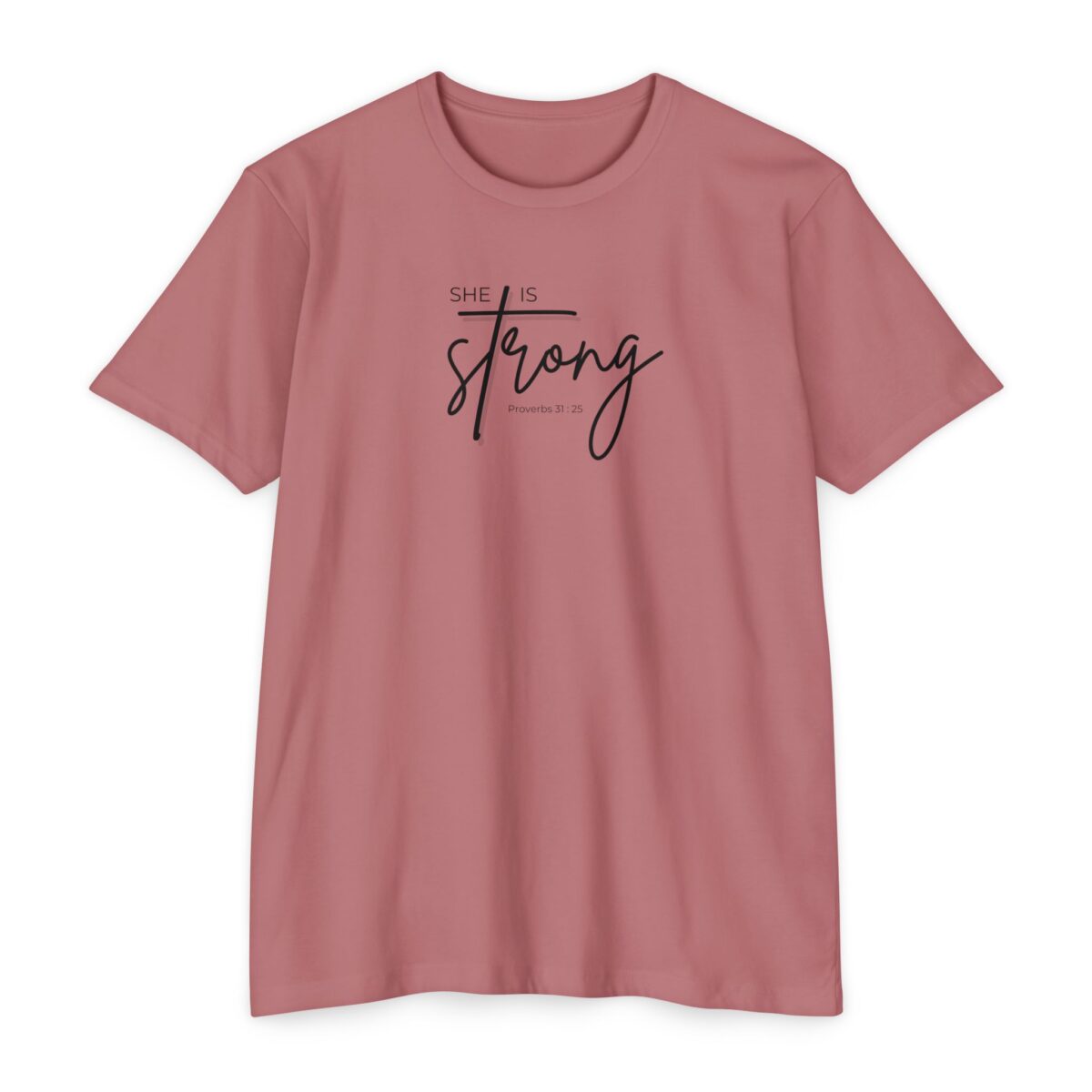 She Is Strong Tee with cross design symbolizing strength in Christ