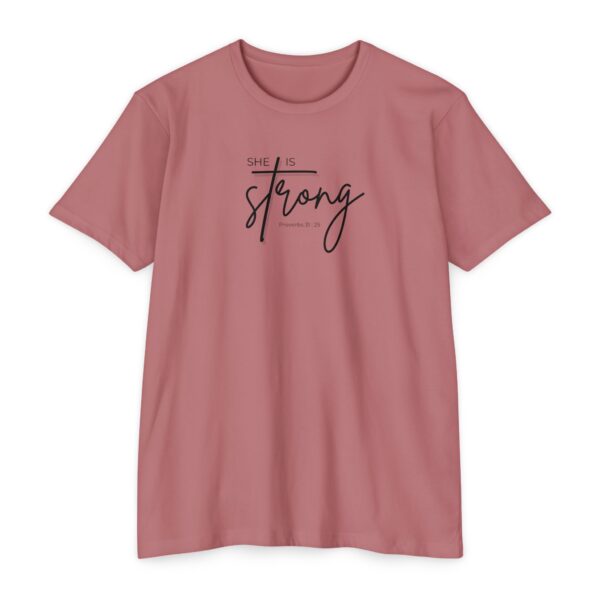 She Is Strong Tee with cross design symbolizing strength in Christ