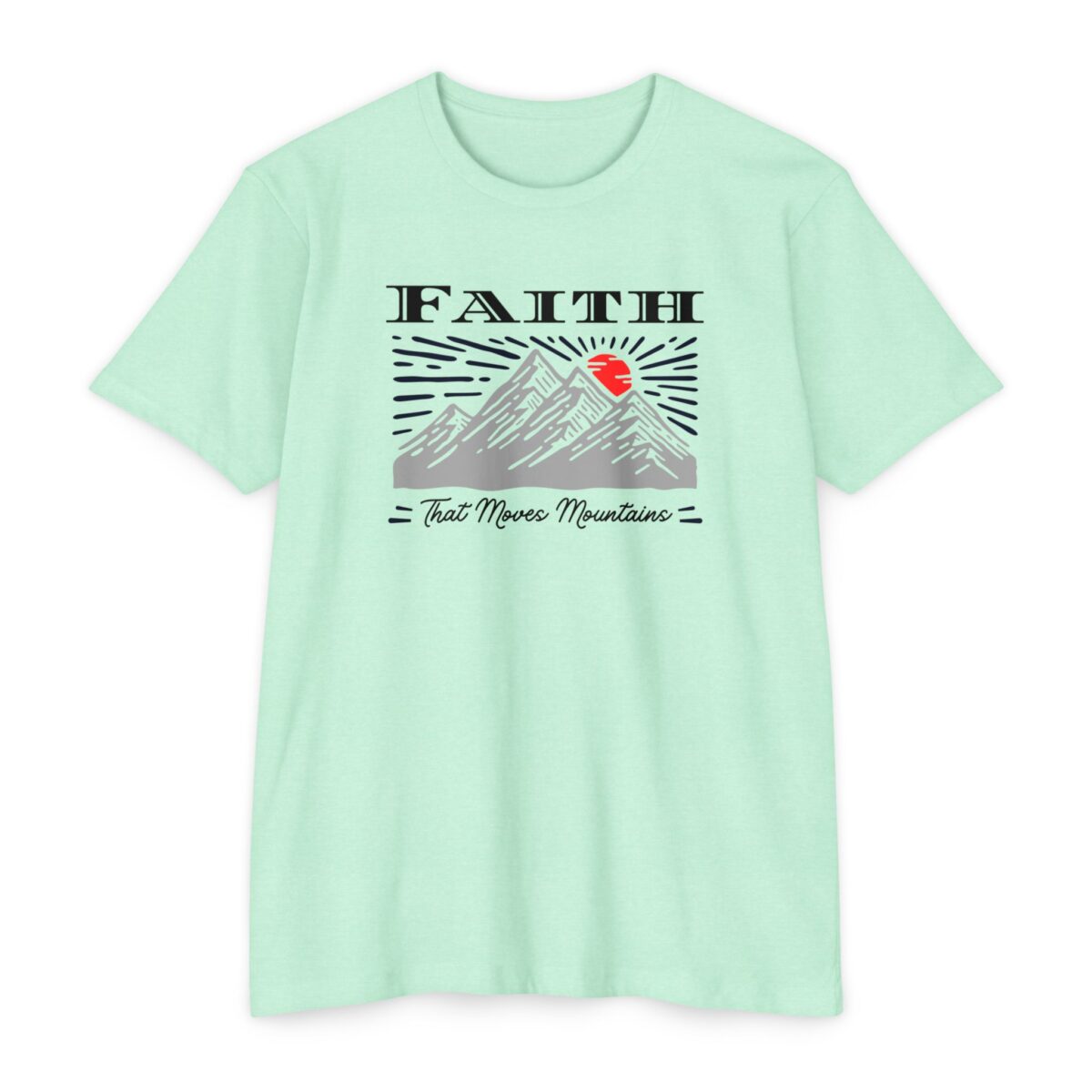 Faith Moves Mountains Tee with Christian message inspired by Matthew 17:20