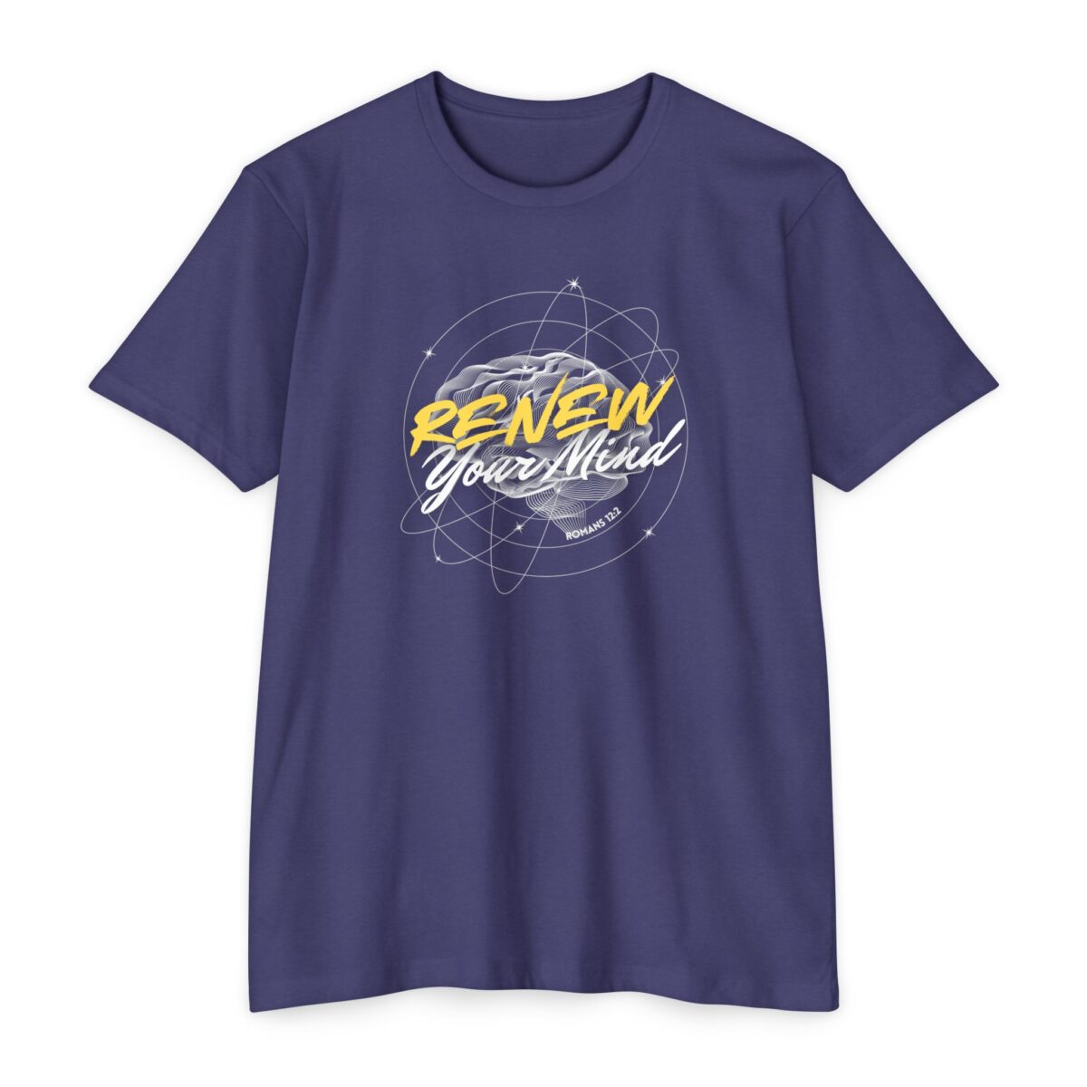 Renew Your Mind Tee with Christian brain design inspired by Romans 12