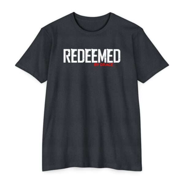 Redeemed Tee with bold Christian design stating “Redeemed by grace”