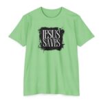 Jesus Saves Tee with bold Christian message proclaiming salvation through Christ