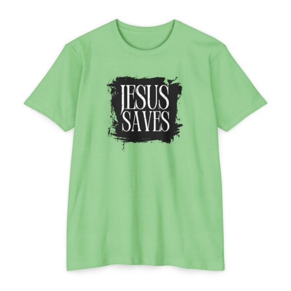 Jesus Saves Tee with bold Christian message proclaiming salvation through Christ