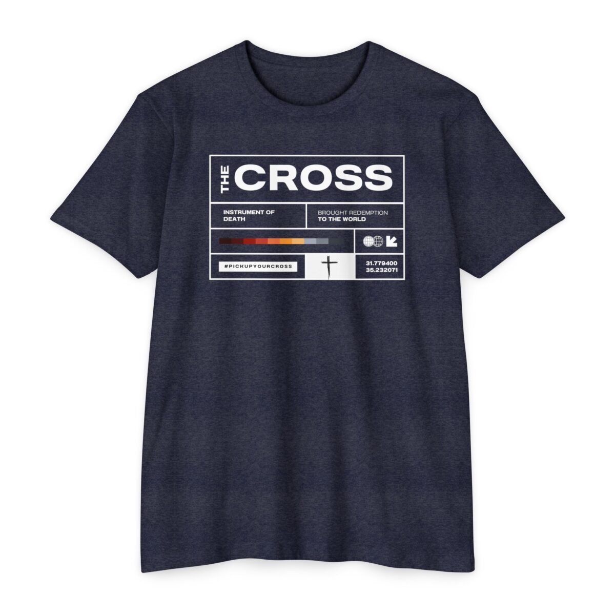 The Cross Tee showing the meaning and coordinates of the cross Jesus died on
