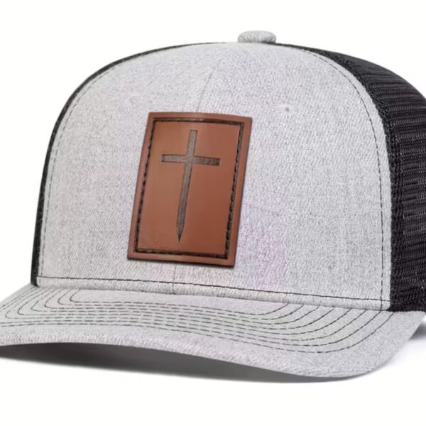 Cross Patch Trucker Hat with brown leather cross, heather grey front, black mesh back