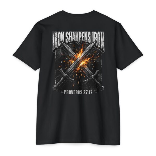 Iron Sharpens Iron Christian tee featuring two swords inspired by Proverbs 27:17